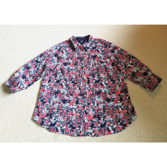 Chaps Tops - Womens Top-CHAPS-RALPH LAUREN-navy/pink floral "No Iron" button-up 3/4 slv-2X
